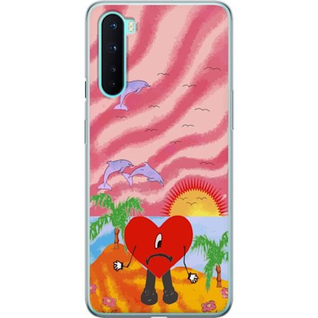 Kompatibelt Mobildeksel til OnePlus Nord Bad Bunny i en fargerik quiltet jakke med hjertemønster og solbriller i moderne gatestil