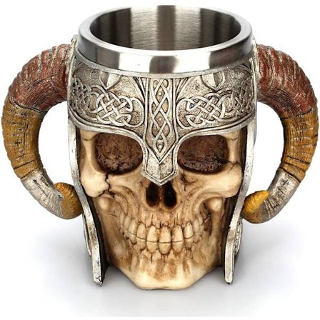 Viking Kriger Skull Krus Tankard Rustfrit Stål Skull Krus Ølkrus Kaffe/Drikke 18oz Viking Kriger Ram Horn Hjelm krus