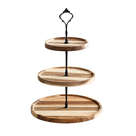 Tre-etasjes dessertstativ i tre, vintage utstillingsstativ for kaker, frukt, snacks, svart krone