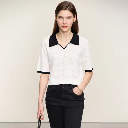 Minimalism 2023 Sommar Nya Kontrastfärger Polo Hals Spade Pläd Kvinnliga Stickade Kläder Korta ärmar Damkläder 12352063 white L
