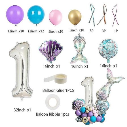 1 År Gammal 32 Tum Digital Sjöjungfru Ballongset Skal Barn Födelsedag
