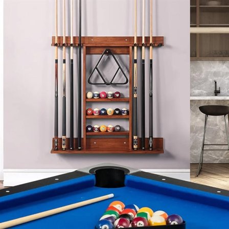 Seinään kiinnitettävä teline 8 biljardikepille ja 15 pallolle