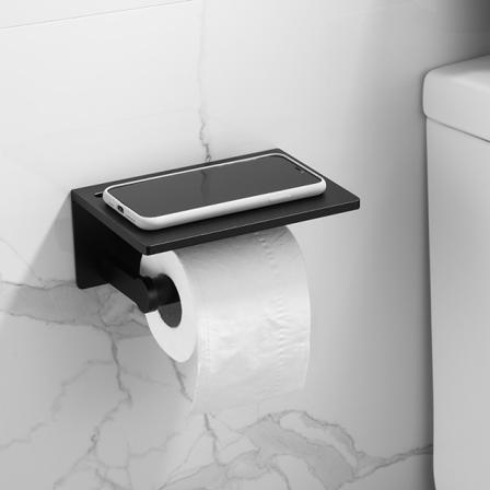 Smarthome toalettpapirholder med hylle, svart anti-rust aluminium toalettpapirholder med mobiltelefon oppbevaringshylle for baderom, 3M selvklebende N
