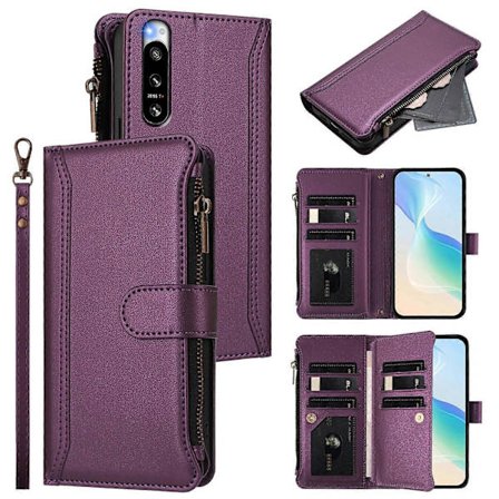 Magnetisk lukning 9 kortpladser Lynlås Læderetui med håndrem