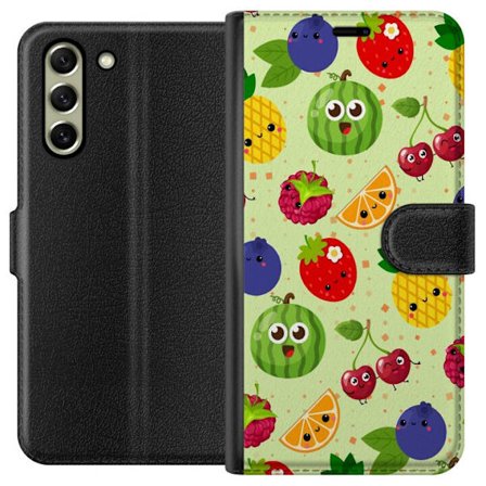 Kompatibel Tegnebogsetui til Samsung Galaxy S21 FE 5G Farverig frugtblanding med ananas, jordbær, melon, kirsebær og blåbær legende design med sommer