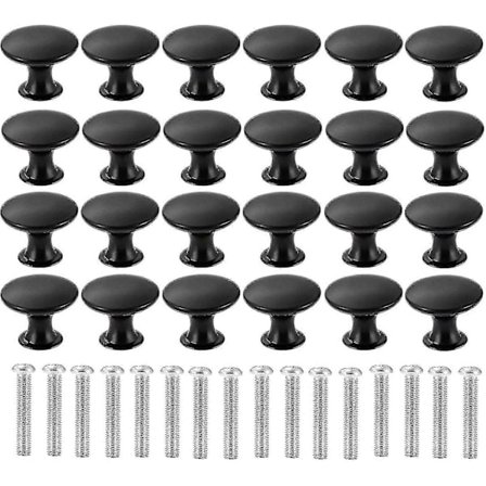 24 stk. Runde Skapknotter, 30 mm Matt Svart Sopp Skuff Knotter Dørhåndtak