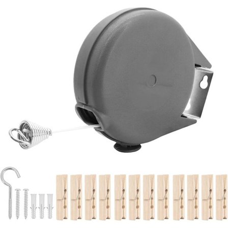 Uttrekkbar klessnor for innendørs/utendørs - 12 meter lang - Bærbar klessnor med klesklyper i tre - Uttrekkbar klessnor for camping