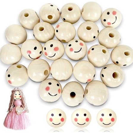 Hymyilevät kasvot puuhelmet, 25 kappaletta puuhelmiä enkelikasvoilla, pyöreät puuhelmet, luovat pyöreät helmet, luonnonpuuhelmet 25 mm