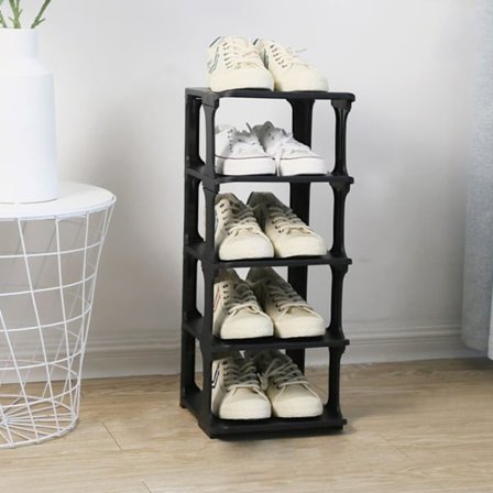 5-lags skohylle, skohylle i plast, stabelbar skohylle for soverom, entré (svart)