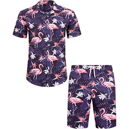 Herr Hawaiian skjorta och shorts set Regular Fit kortärmad casual funky strand flamingo skjorta set