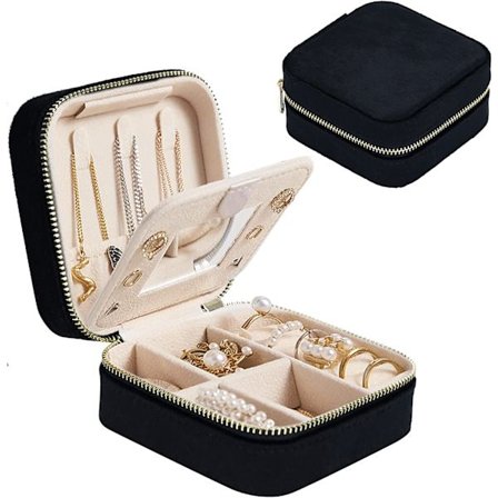 Svart, myk fløyel smykkeskrin for reiser - lite smykkeskrin for