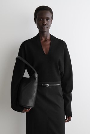 COS Women's Draped Merino Wool V Neck Jumper in Black