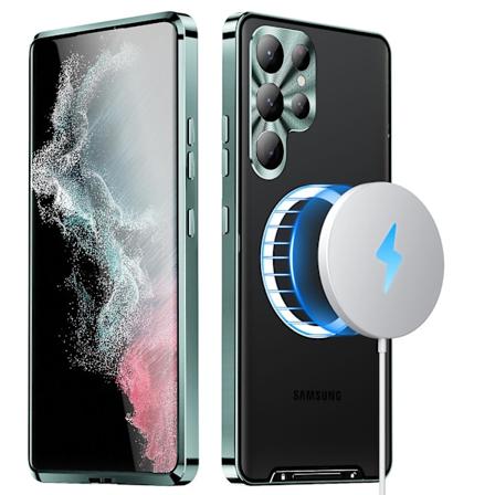 Magsafe-deksel for Samsung Galaxy S24 Ultra, magnetisk adsorpsjonsmetallstøtfanger bakre gjennomsiktig matt PC-deksel med linsebeskyttelse