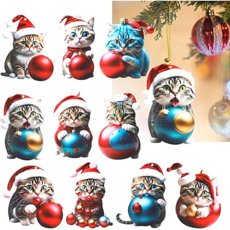 10 stk. Julepynt med Kattetema - Juletræspynt, Kattepynt, Bilhæng, Vindue/Vægpynt