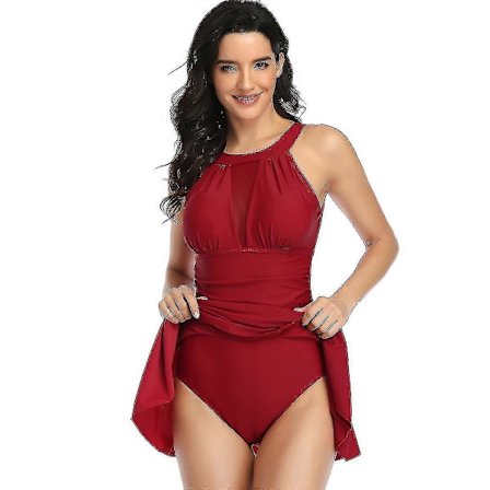 Naisten yksiosainen korkeakauluksinen retro-uimapuku, verkkokangasta, rypytetty vatsanmuotoilu, uimapuku-hame plus-koko