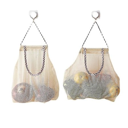 4-pak hengende nettposer for frukt og grønnsaker, for poteter, løk, paprika, frukt, hvitløk, beige.