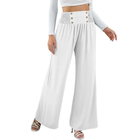 Elastiska Smockade Loungebyxor för Damer, Mjukisbyxor, Träningsbyxor, Lediga Byxor, Vida Ben, Harembyxor, Vit XL