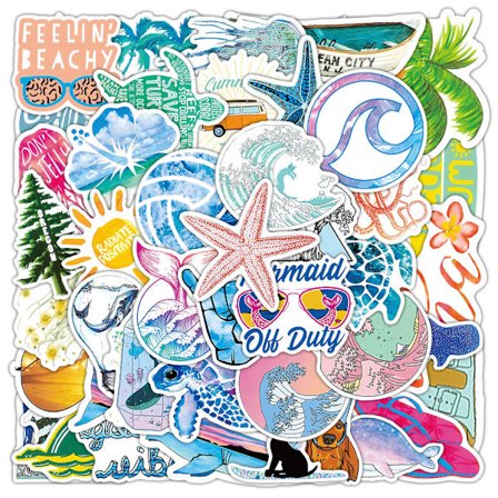 Strand Klistermærker 50 stk, Tegneserie Blå Surfing Sol Bølger Skildpadde Klistermærker til Laptop Vandflaske Mærkater, Æstetiske Vinyl Mærkater til 