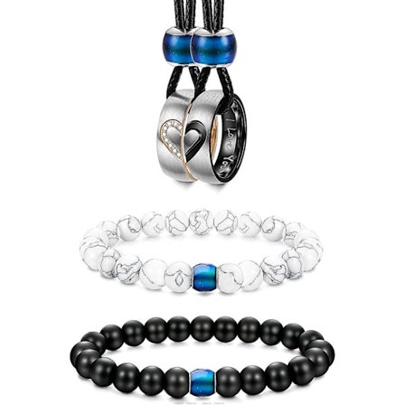 4-pack Par-set med distanshalsband och armband för par, kvinnor och män, matchande hjärtformade ringar, hänge, 8 mm stämningskulor, armband för 