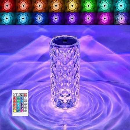 Kristall Diamant Bordslampa Touchkontroll Ros Kristall Bordslampa, 16 Färger Uppladdningsbar Akryl Sänglampa Med Touchkontroll, LED Diamantlampa