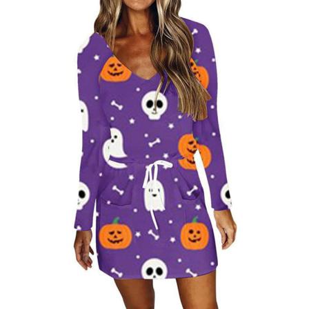 Dam V-hals Kort Mini Klänning Print Halloween Klänningar
