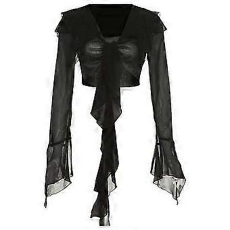 Dame Bluse med knyting foran, lange trompetermer, gjennomsiktig netting crop top, ensfarget langermet, svart (L)