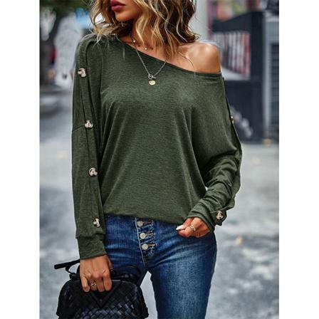 Dam Off Shoulder Stickad Tunika Blus Knappar Dekor Pullover
