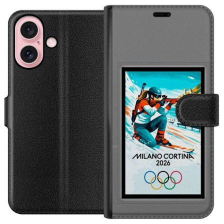 Yhteensopiva Lompakkokotelo Apple iPhone 16 Retrojuliste Cortina Milano 2026 vuorilla, talviurheilijoilla, italiankoloreilla, Milanon tuomiokirkolla j