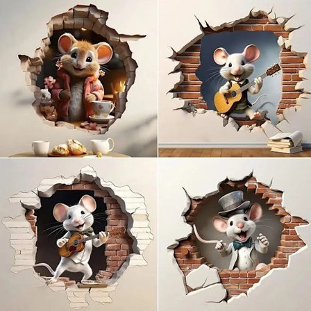 M734 Cute Mouse Hole Wall Sticker, Caffeine Enthusiast Mouse Coffee break in Wall Hole Decal, Mouse Singing Decor