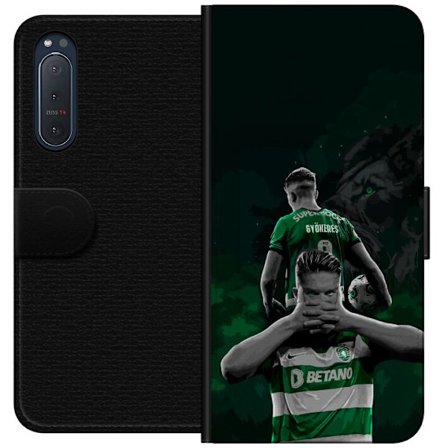 Yhteensopiva Lompakkokotelo Sony Xperia 5 II Neonmotiivi, jossa teksti "Gaming is in my DNA" sinisenä ja punaisena tiiliseinällä, jossa loistava DNA-s