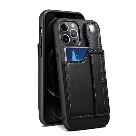 Etui til iPhone 14 Pro, sort kortpung, læderarmbåndsholder