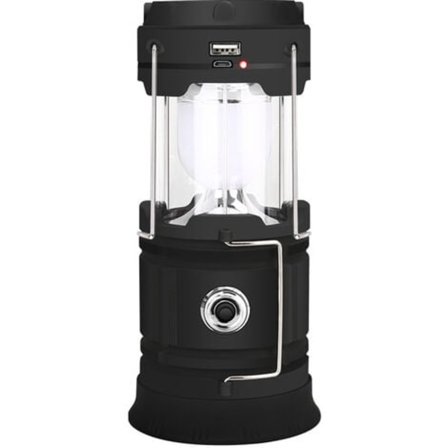 Solcelle/USB genopladelig LED-lampe, kraftig campinglampe, 2 tilstande bærbar havebelysning, 360° hængende fakkel, sort