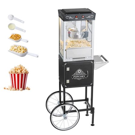 Popcornmaskin med vagn - Duoku - 800 W - Skål i rostfritt stål 0,2 kg - Kapacitet 48 koppar - Svart