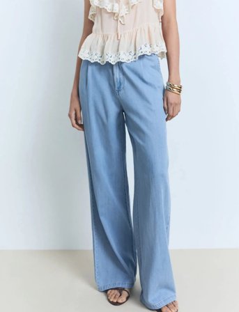 Mango Wide Leg Lyocell Pants With Pleats - Blue - 36