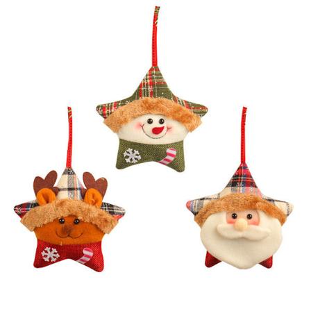 3-delad julgransdekoration med tomte, älg och pentagram - fyllda djur, godisberlock