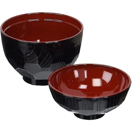 {PL}4 st traditionella japanska skålar, lätta ris-/misosoppskålar med lock, svart & röd färg (2 skålar & 2 lock), plastskålar