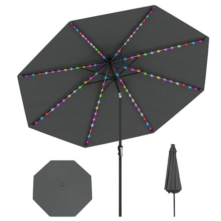 Havemøbel Parasol 3M - 96 LED med 9 Indstillinger - COSTWAY - Justerbar Læne 35° - Solbeskyttelse - 8 Spidser til Terrasse Grå