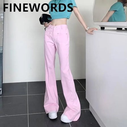 FINORD Retro Vaaleanvaaleanpunainen Bell Bottom Farkut Naisten Taskuhousut High Waist Baggy Farkut Löysät Korean Flare Denim Housut Pinkki