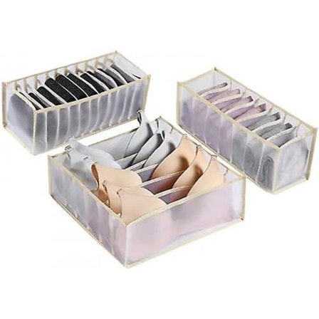 3 stk. Undertøyskufforganisator, Sammenleggbar oppbevaringsboks for undertøy, Vaskbar skufforganisator for undertøy, BH, truser, sokker (hvit)