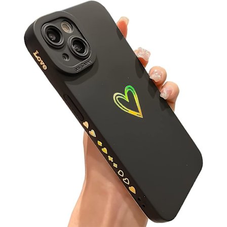 Sød Bling til iPhone 13 6,1 tommer, Guld Laser Gradient Farve Skitse Belægning Hjerte Skal med Objektiv Kamerabeskyttelse, til Kvinder Piger (sort)