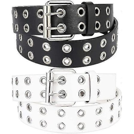 2 stk. Bælte med dobbelte huller, punkbælte hiphop-bælte til mænd og kvinder (sort og hvid)
