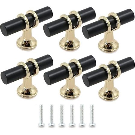 6 stk T-bar sorte møbelknotter, moderne enkelt hullskap