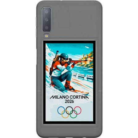 Yhteensopiva Puhelinkuori Samsung Galaxy A7 (2018) Retrojuliste Cortina Milano 2026 vuorilla, talviurheilijoilla, italiankoloreilla, Milanon tuomiokir