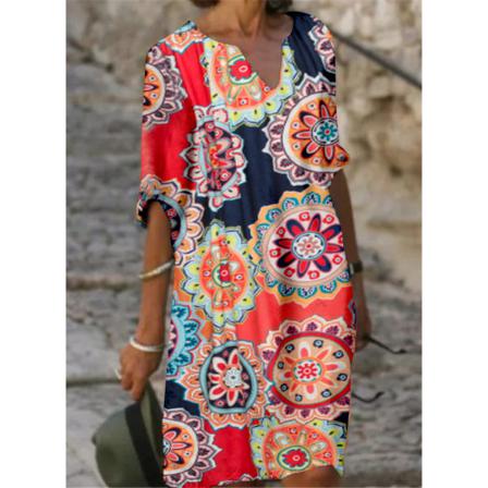 Print Blommig Vintage Klänning Kvinnor Sommar Casual V-ringad Halv Sleeve