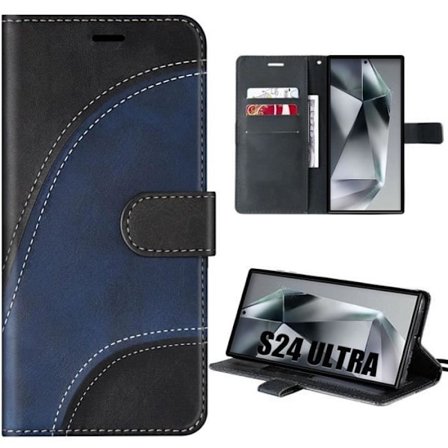 Coque - E.F.CONNECTION - til Samsung Galaxy S24 Ultra - Læderlook - Bicolor Blå Marine-Sort - Stødabsorberende