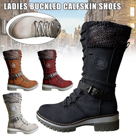 Dam Stövlar med Spänne, Snörning och Stickad Design, Mellanhöga, Låg Klack och Rund Tå