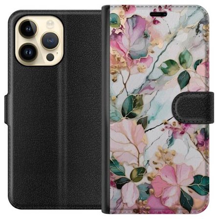 Kompatibel Tegnebogsetui til Apple iPhone 15 Pro Max Abstrakt marmormønster med blomster, blade og gyldne detaljer i bløde pastelfarver