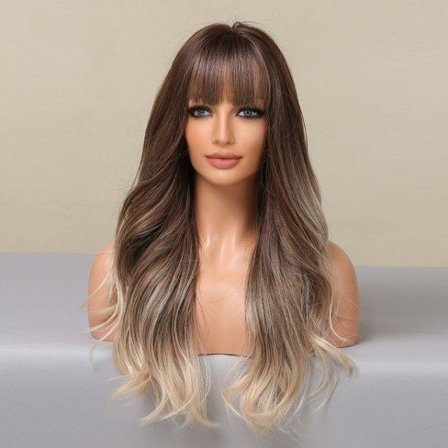 IC brun peruk med lugg lång, peruk brun