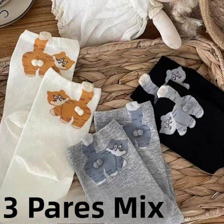 Pairs Mix; Størrelse: One Size - Dame Mid-Calf Sokker med Morsomt Kattemønster, 3 Par, Komfortabel og Myk Polyester 3D-Print, Casual Sokker for Alle 