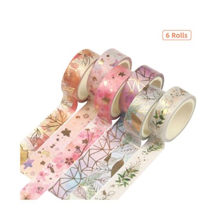 6 rullaa washi-teippiä, kukkakuvioinen kultafolio washi-teippi, 15 mm leveä, kasvien lehtiä, kukkia, koristeellinen teippi, tarra askarteluun